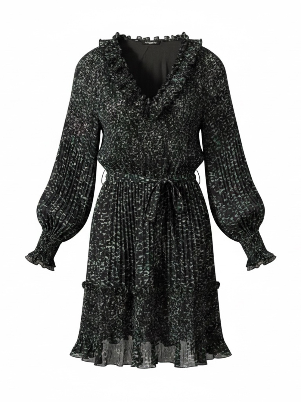 Emanuel Ungaro Black and Dark Green Ruffled V-Neck Pleated Long-Sleeve Dress
